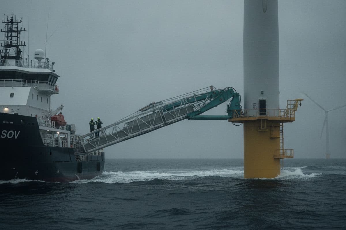 A service vessel alongside a turbine in swell, gangway extended