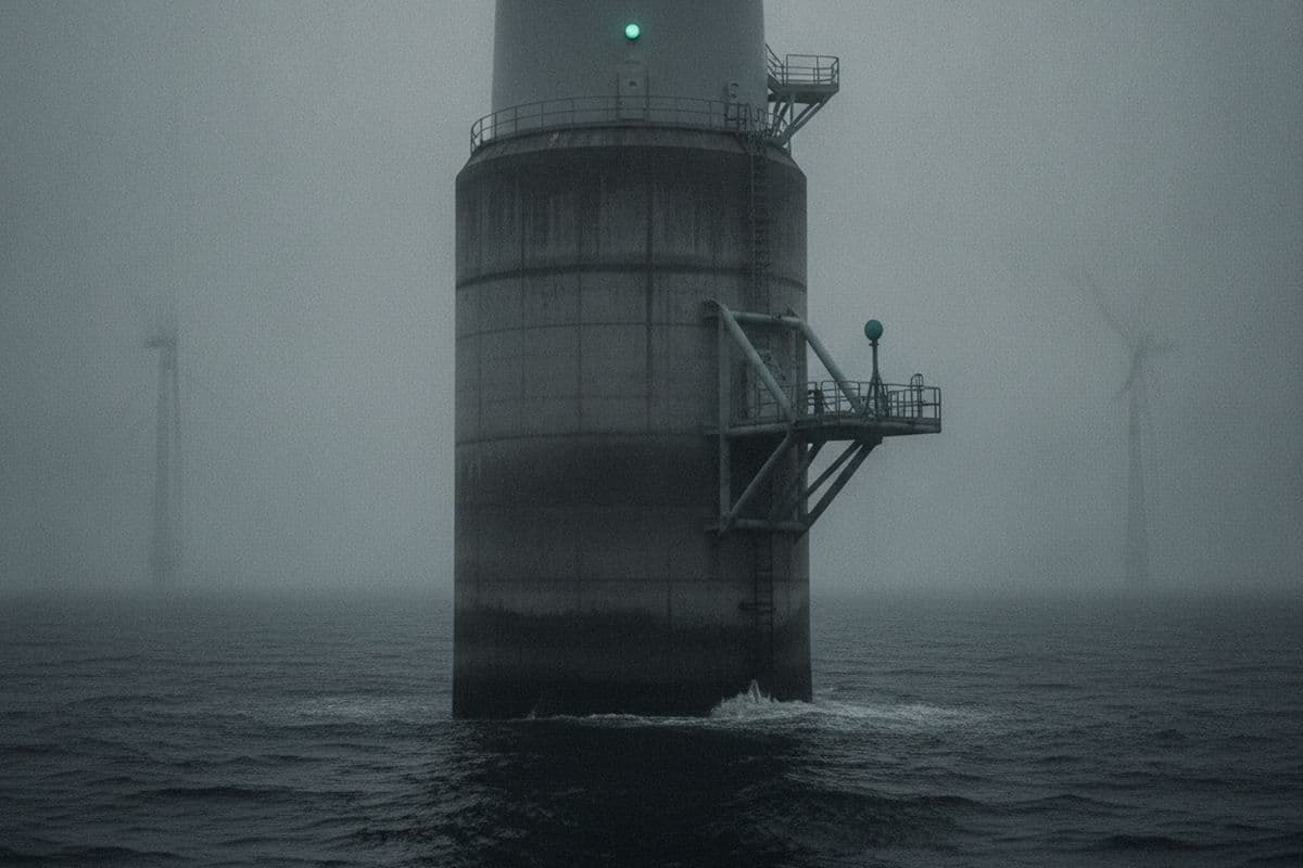 The base of an offshore turbine in fog; further turbines are barely visible