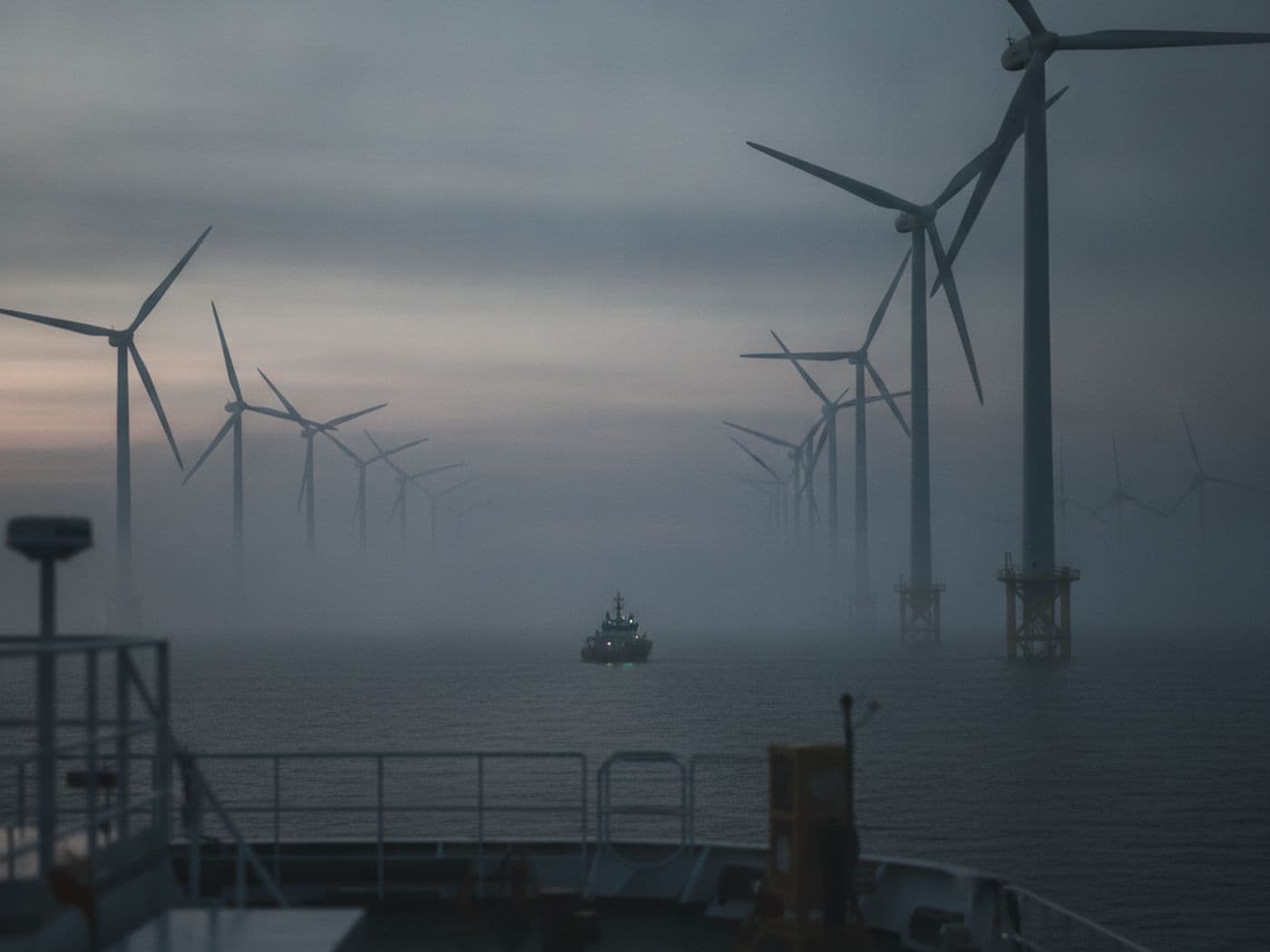 Blick vom Deck eines Servicefahrzeugs auf einen Offshore-Windpark im Morgendunst